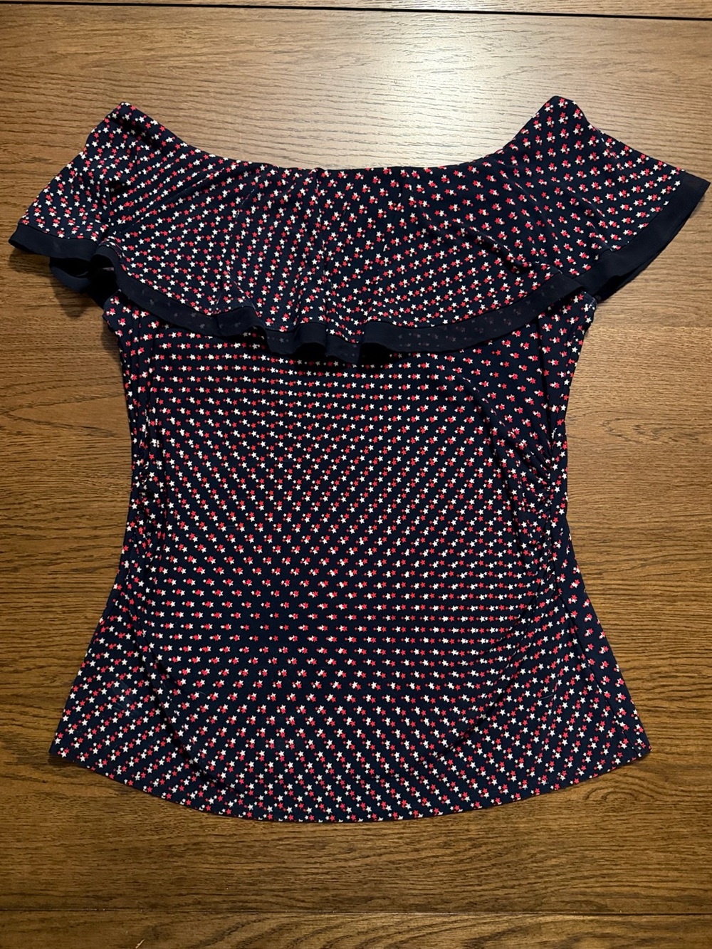 Tommy Hilfiger Navy Off-Shoulder Ruffle Top with Red & White Star Pattern
